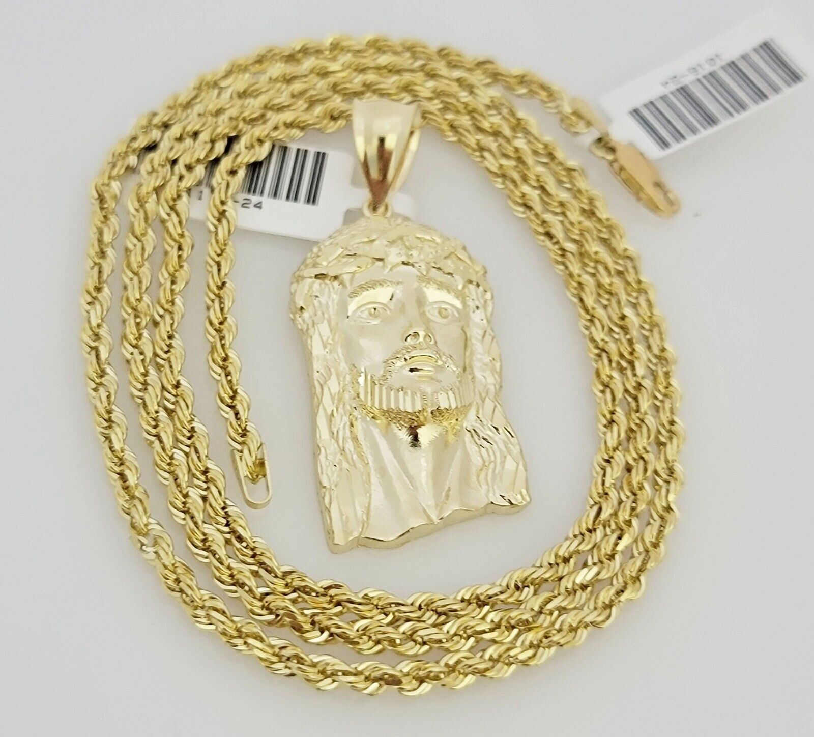 Real 10k Gold Rope Chain Jesus Face Charm Pendant Set 3mm Necklace 24 Inch SOLID